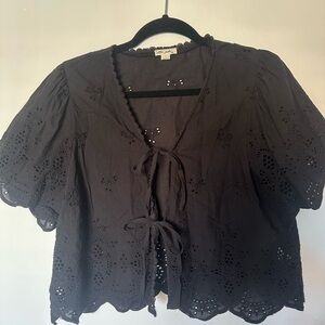 Ultra Pink Black Eyelet Tie-Front Blouse